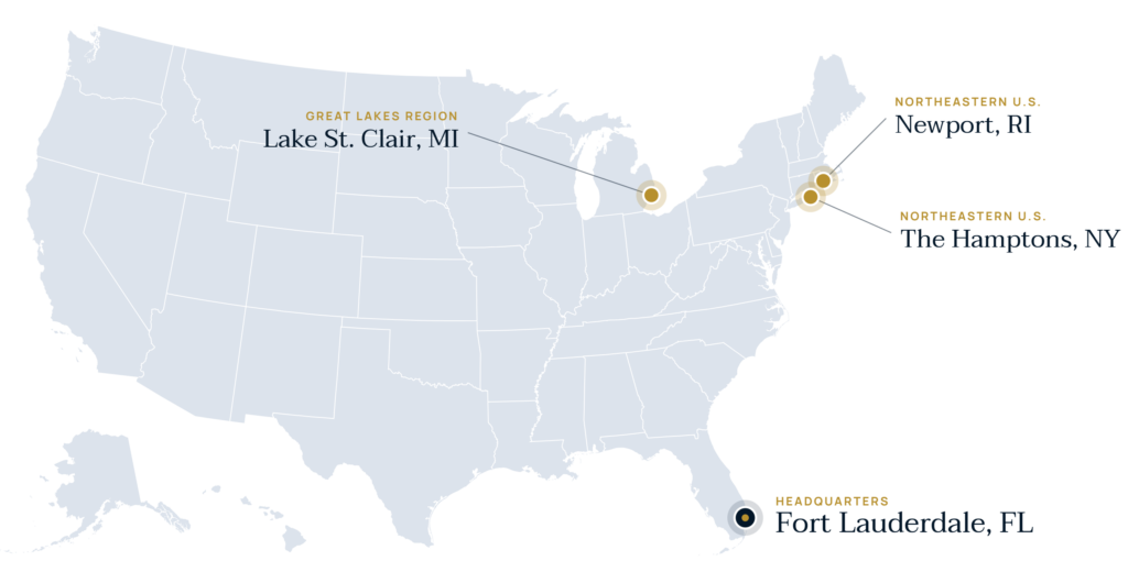 Boatique Marine Services locations in the United States: headquarters in Fort Lauderdale, FL and service points in Newport, RI, The Hamptons, NY and Lake St. Clair, MI